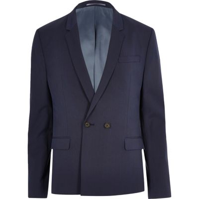 Dark blue double breasted skinny suit jacket